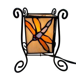 Stained Glass Dragonfly & Rose Panel Table Lamp With Black Metal Base